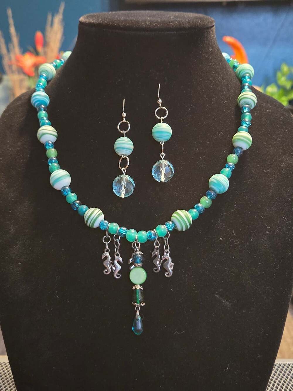 Aqua and White Swirl Glass Bead Necklace and Dangle Earring Set